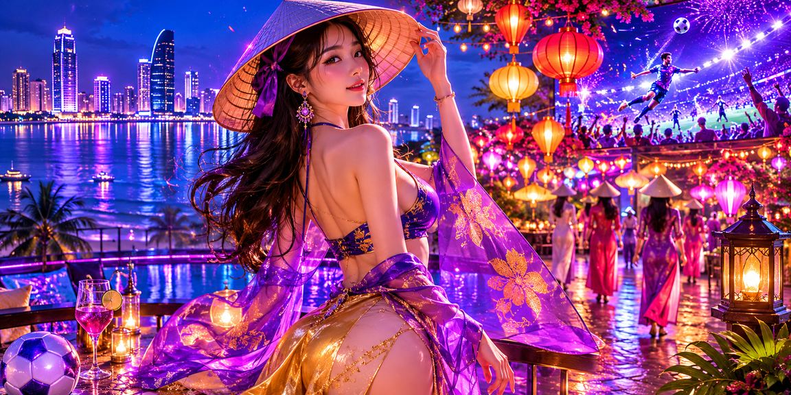 Phụ nữ Việt Nam đội nón lá bên bờ biển Đà Nẵng, hình ảnh cuộc sống cân bằng và lành mạnh